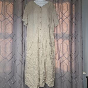 Flax Natural Beige Button-Front Linen Dress